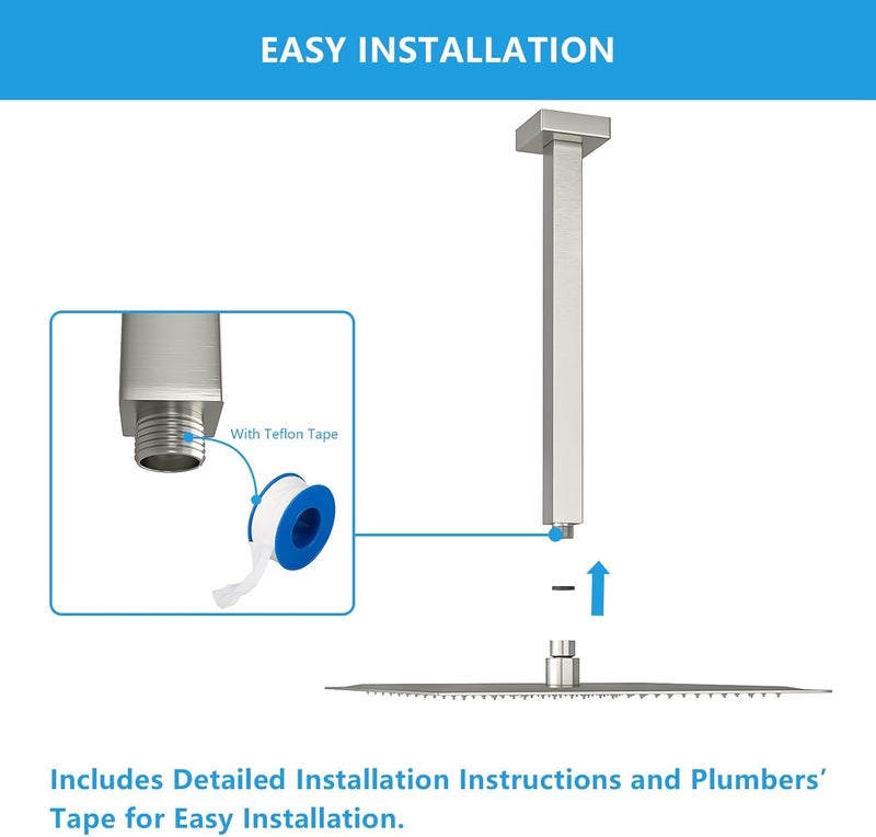 Lordear Shower Arm 16 Inch Brushed Nickel Ceiling Mount Shower Arm and Flange,16” Shower Head Extension Arm Design for Rainfall Showerhead,Square - Image 4